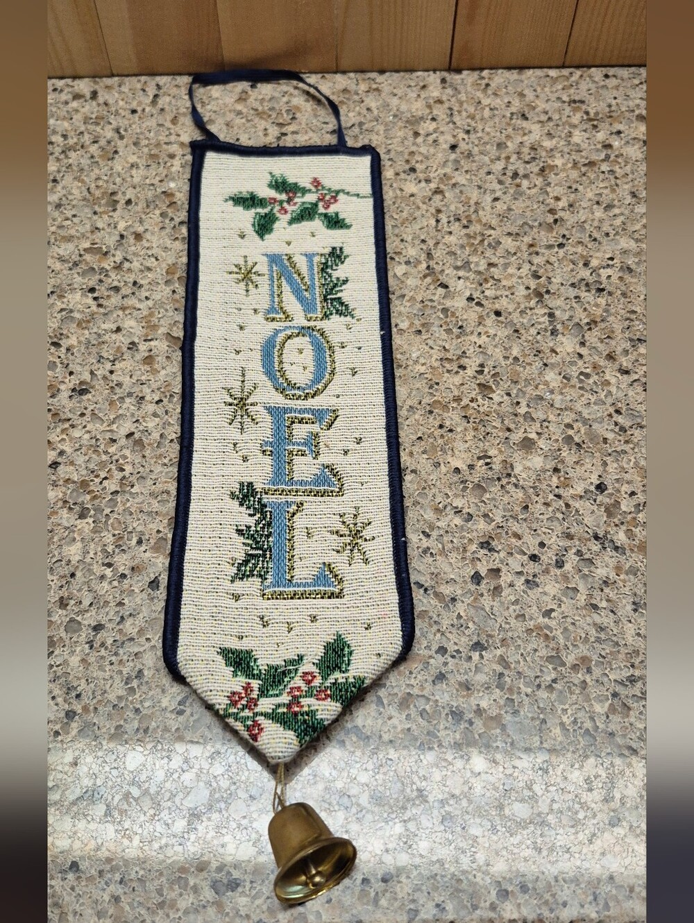 Vintage Christmas Noel Tapestry Door Hanger Brass Bell Ribbon Banner Wall Decor